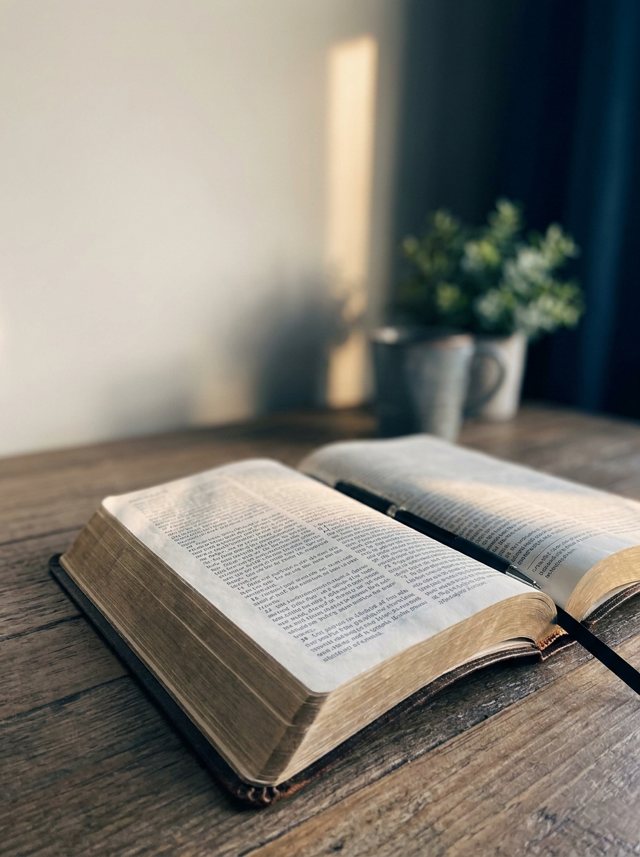 An open Bible catching warm morning light through a window