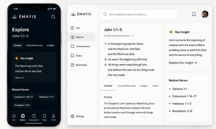 A conceptual preview of the Emayis app and website, showing a Scripture exploration conversation